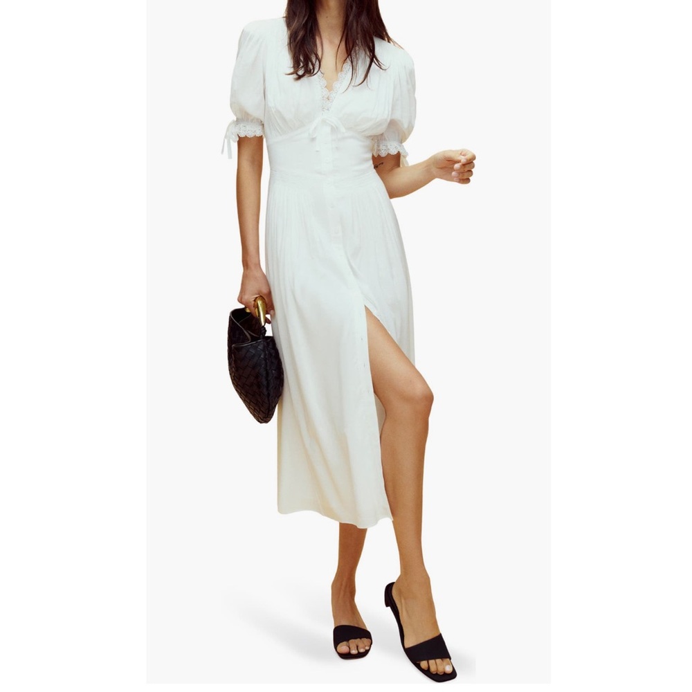 Reformation White Puff-Sleeve Midi Dress